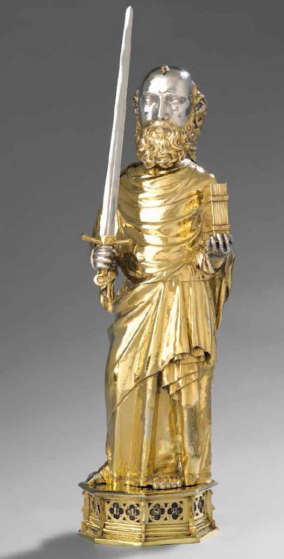 RELIQUIENSTATUETTE DES  HL. PAULUS MIT RELIQUIEN Münster (?), um 1350–1370  Silber, teilw. vergoldet; Emaille Domschatz Münster, Inv.-Nr. DK.2020.98, Foto: Dr. Michael Reuter